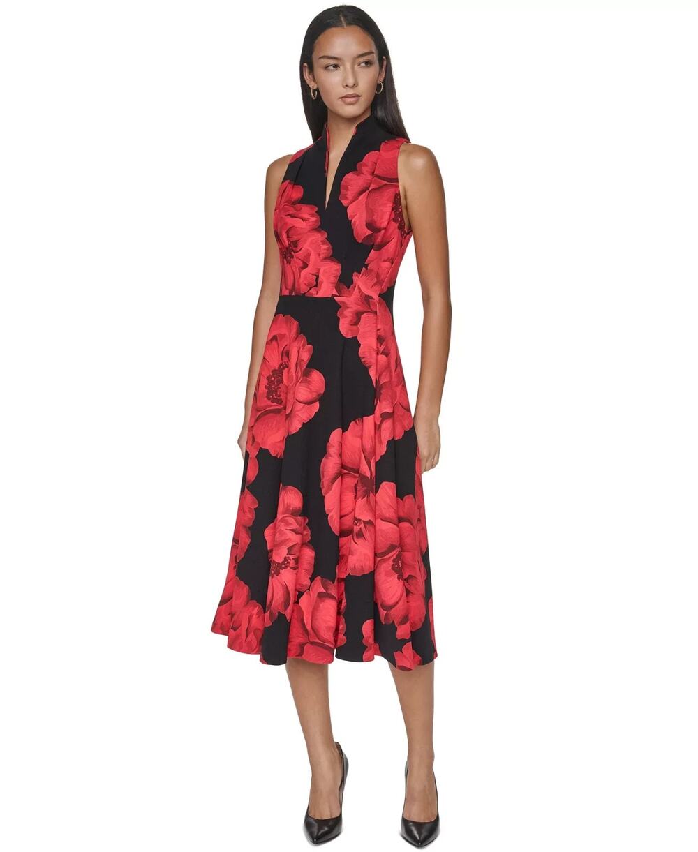 Calvin Klein Women Halter V-Neck Floral-Print Midi Dress Black/Red Size 6P 4104